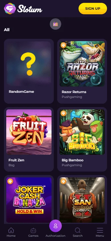 Slotum Casino mobile game selection
